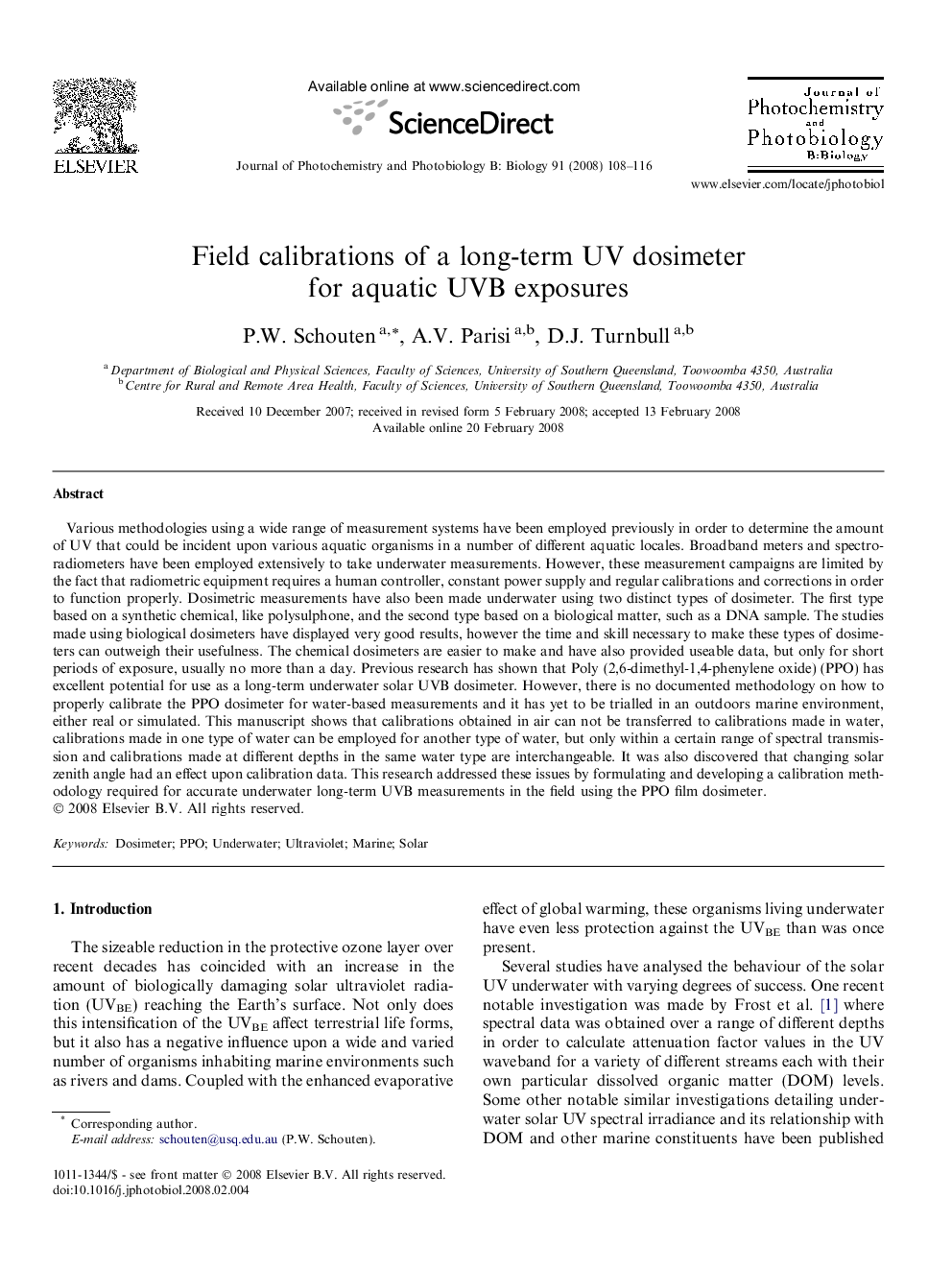 Field calibrations of a long-term UV dosimeter for aquatic UVB exposures