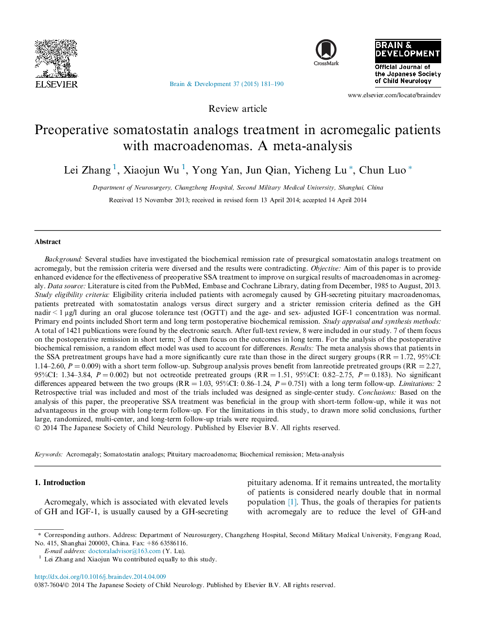 درمان آنالوگهای سموتوستاتین قبل از عمل در بیماران مبتلا به آکرومیالیک با ماکروآدنوم. یک متا آنالیز 