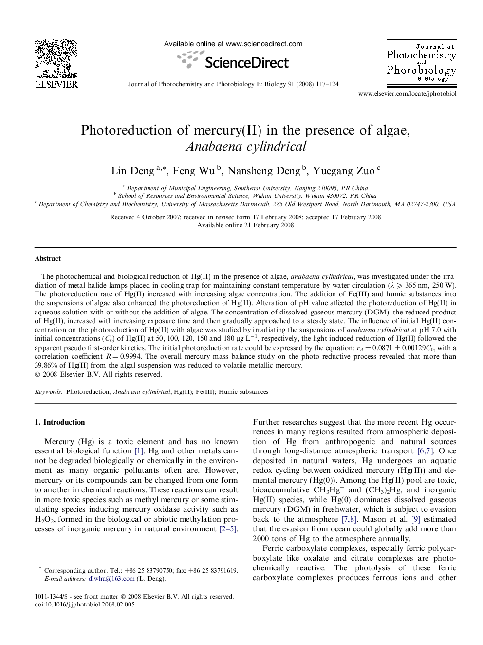 Photoreduction of mercury(II) in the presence of algae, Anabaena cylindrical