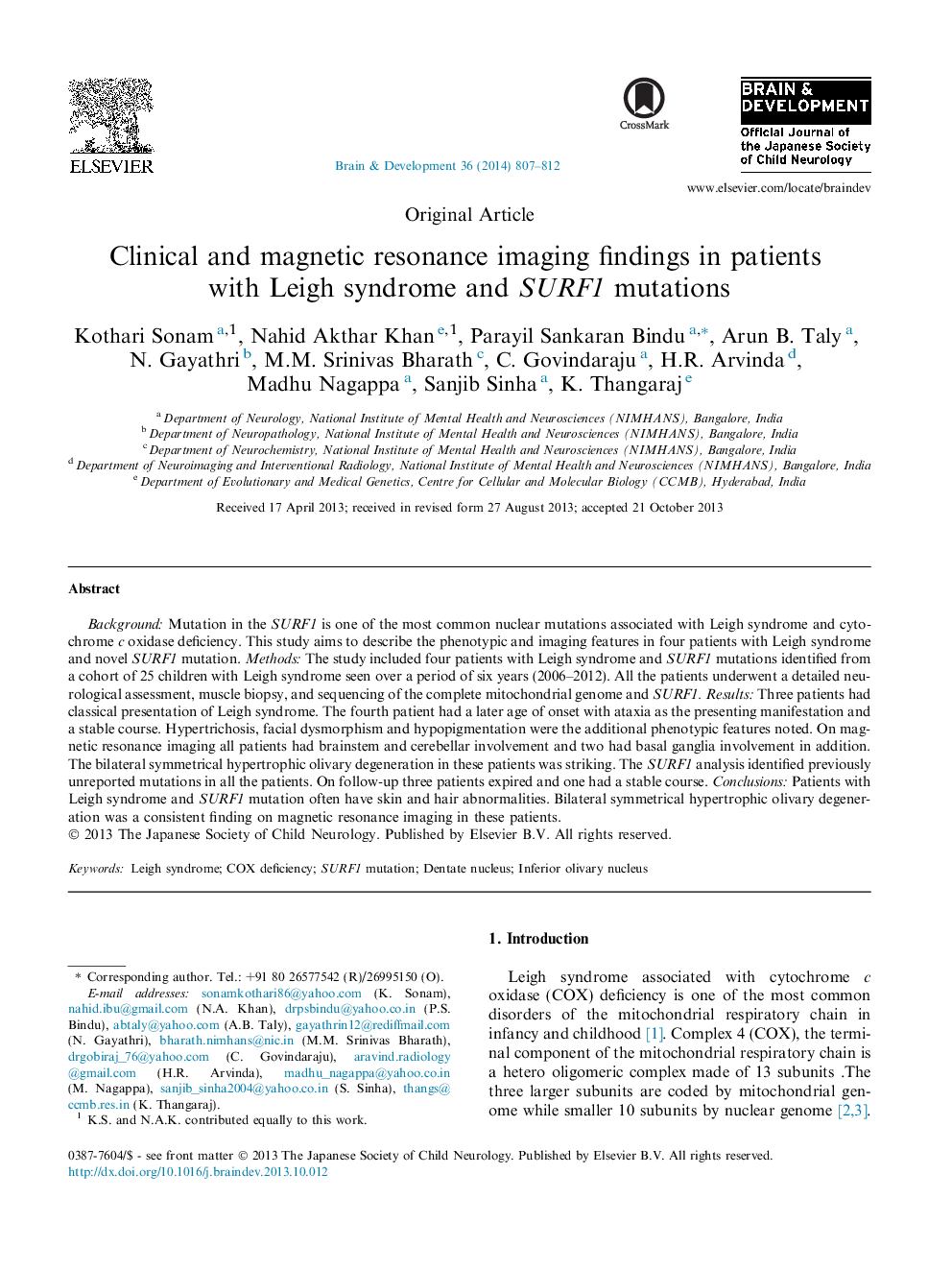 Clinical and magnetic resonance imaging findings in patients with Leigh syndrome and SURF1 mutations