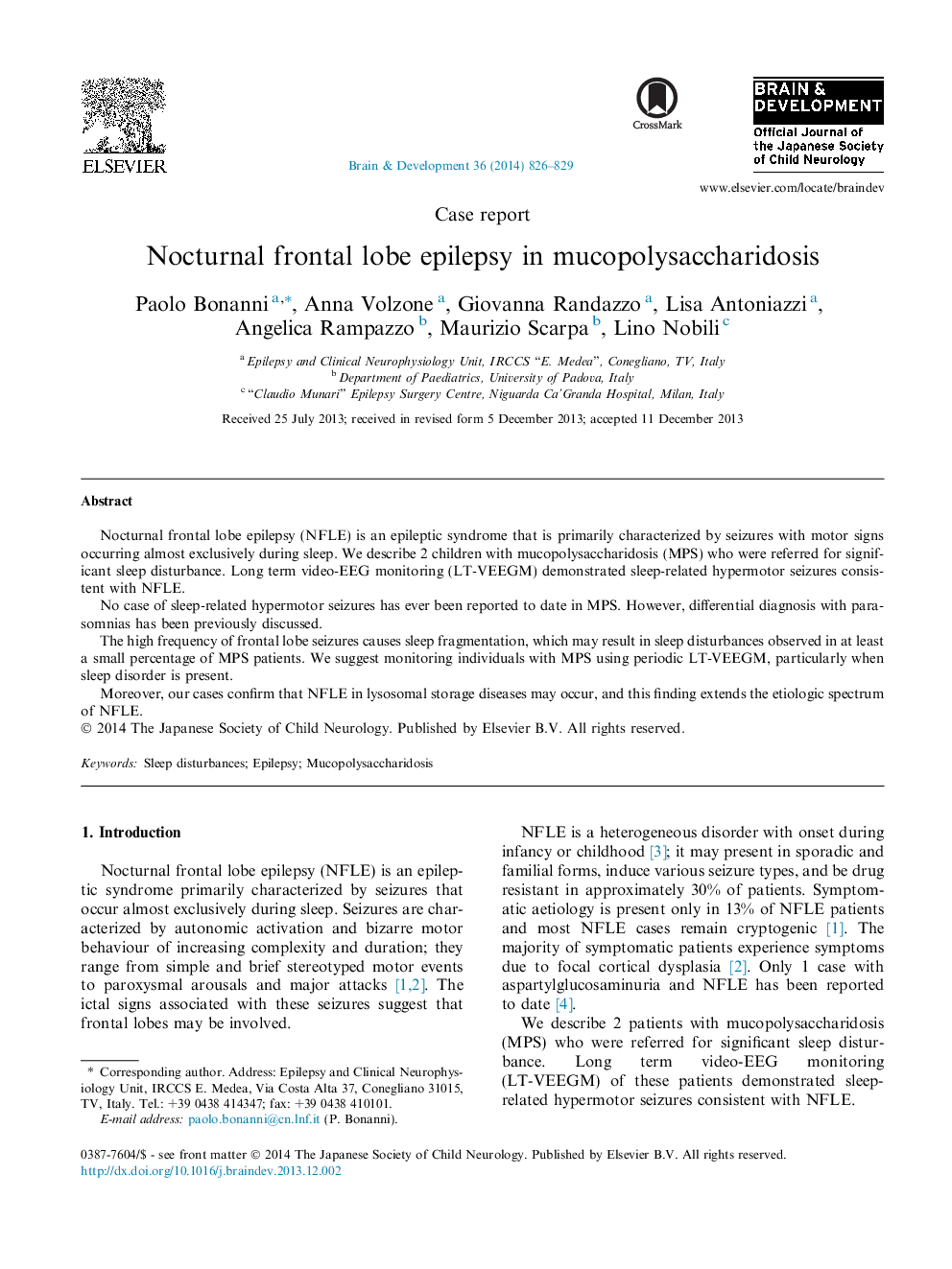 Nocturnal frontal lobe epilepsy in mucopolysaccharidosis