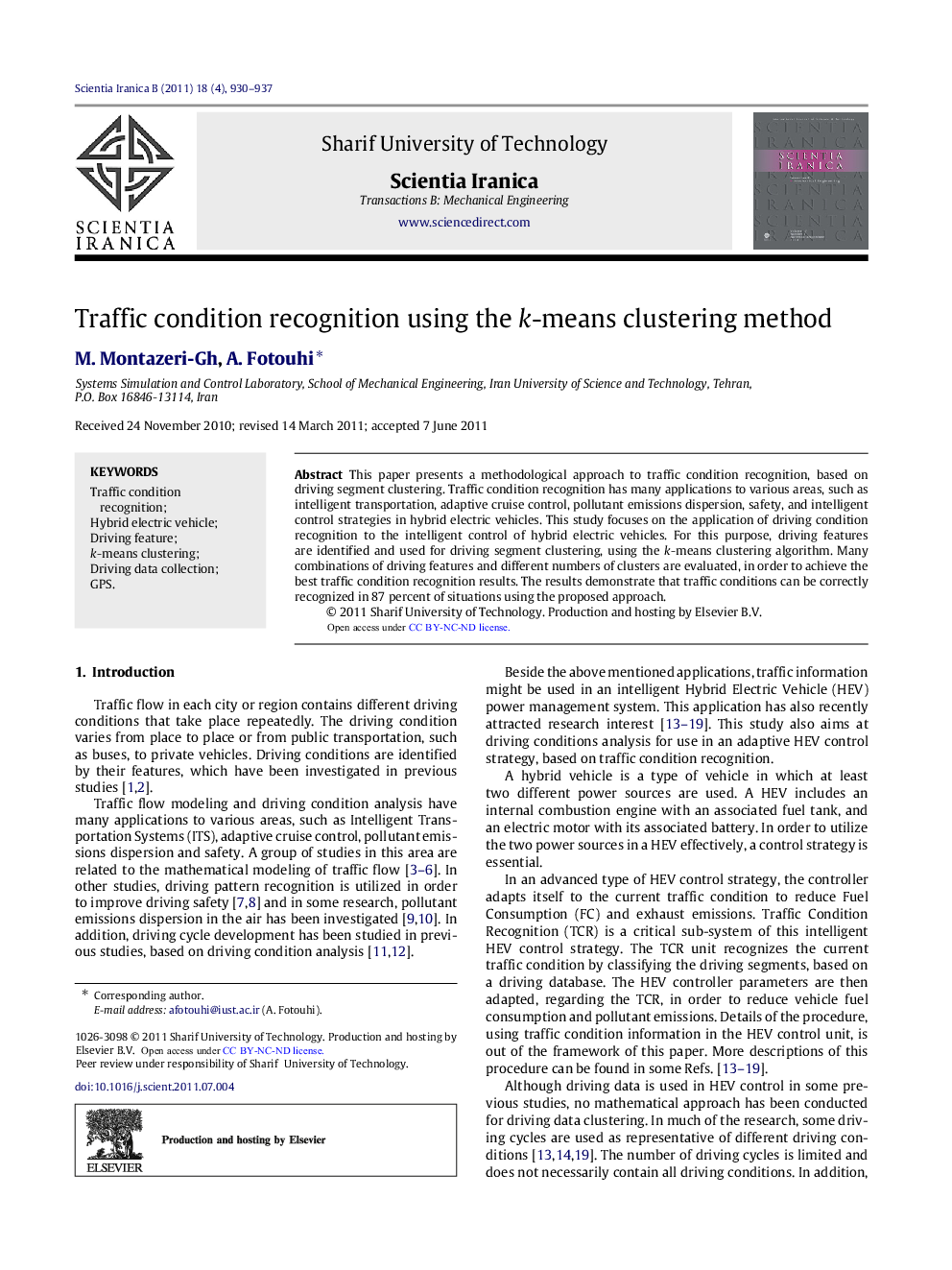 Traffic condition recognition using the kk-means clustering method