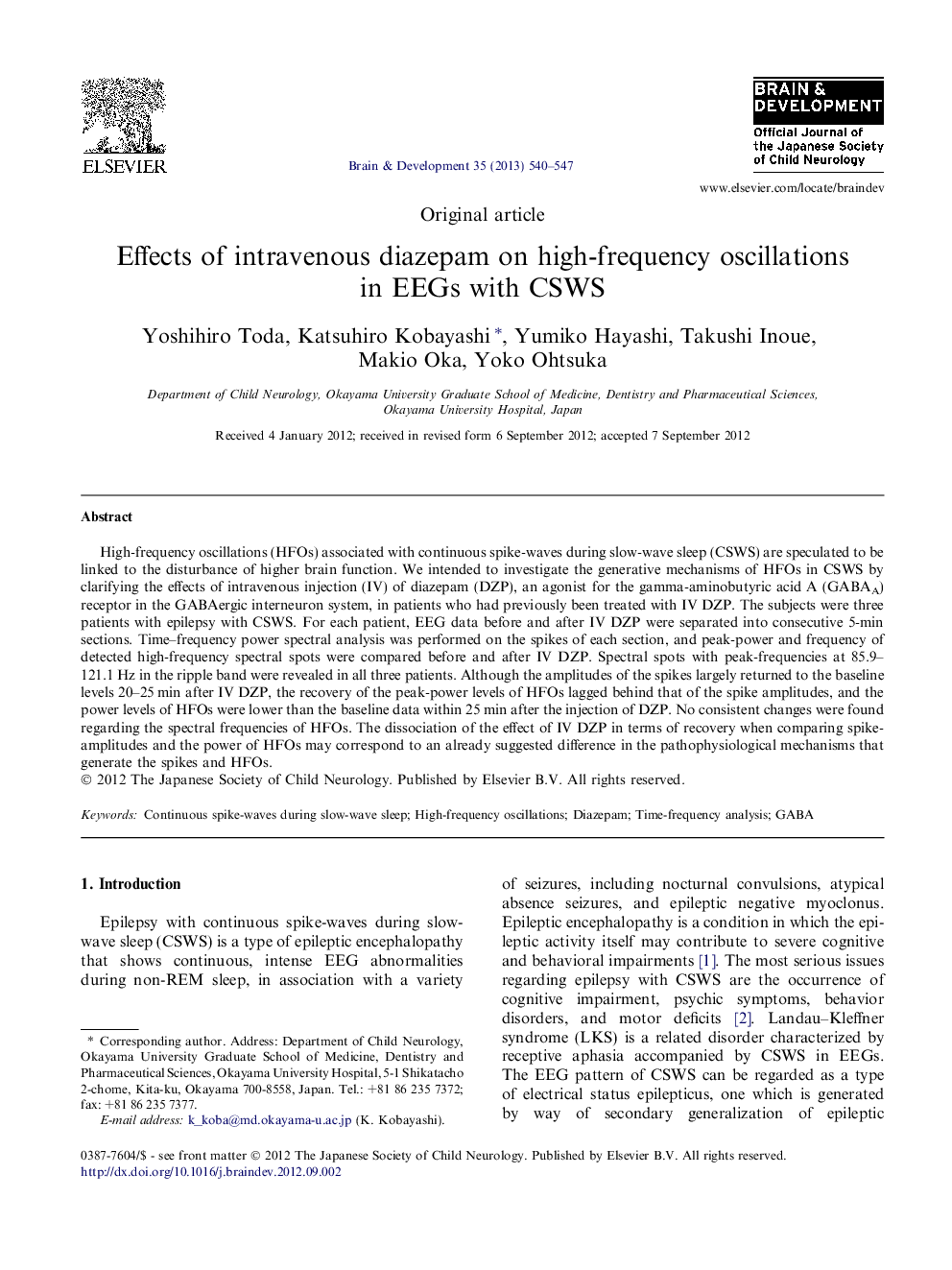 Effects of intravenous diazepam on high-frequency oscillations in EEGs with CSWS