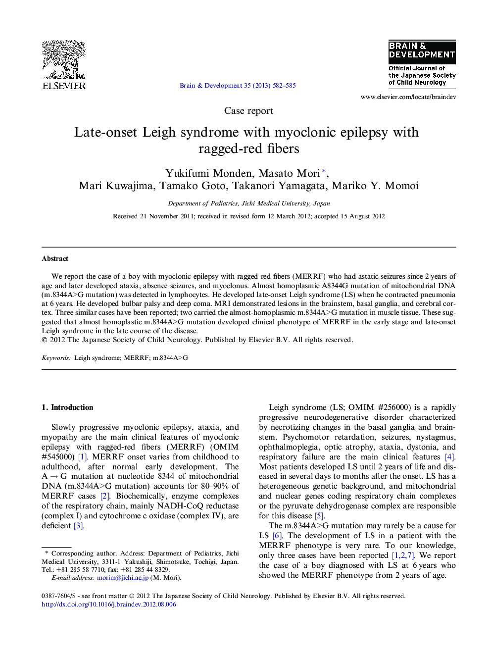 Late-onset Leigh syndrome with myoclonic epilepsy with ragged-red fibers