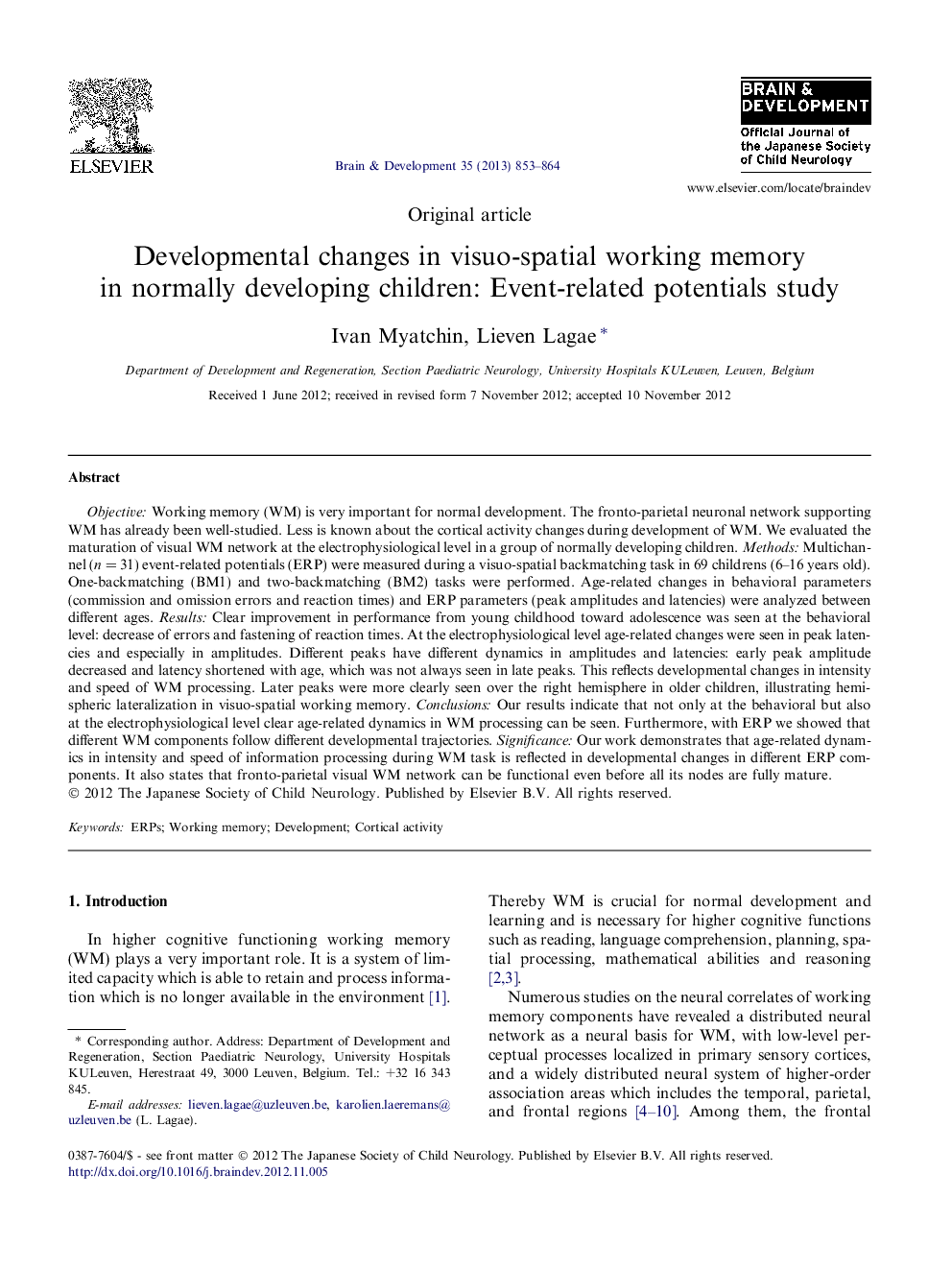 Developmental changes in visuo-spatial working memory in normally developing children: Event-related potentials study