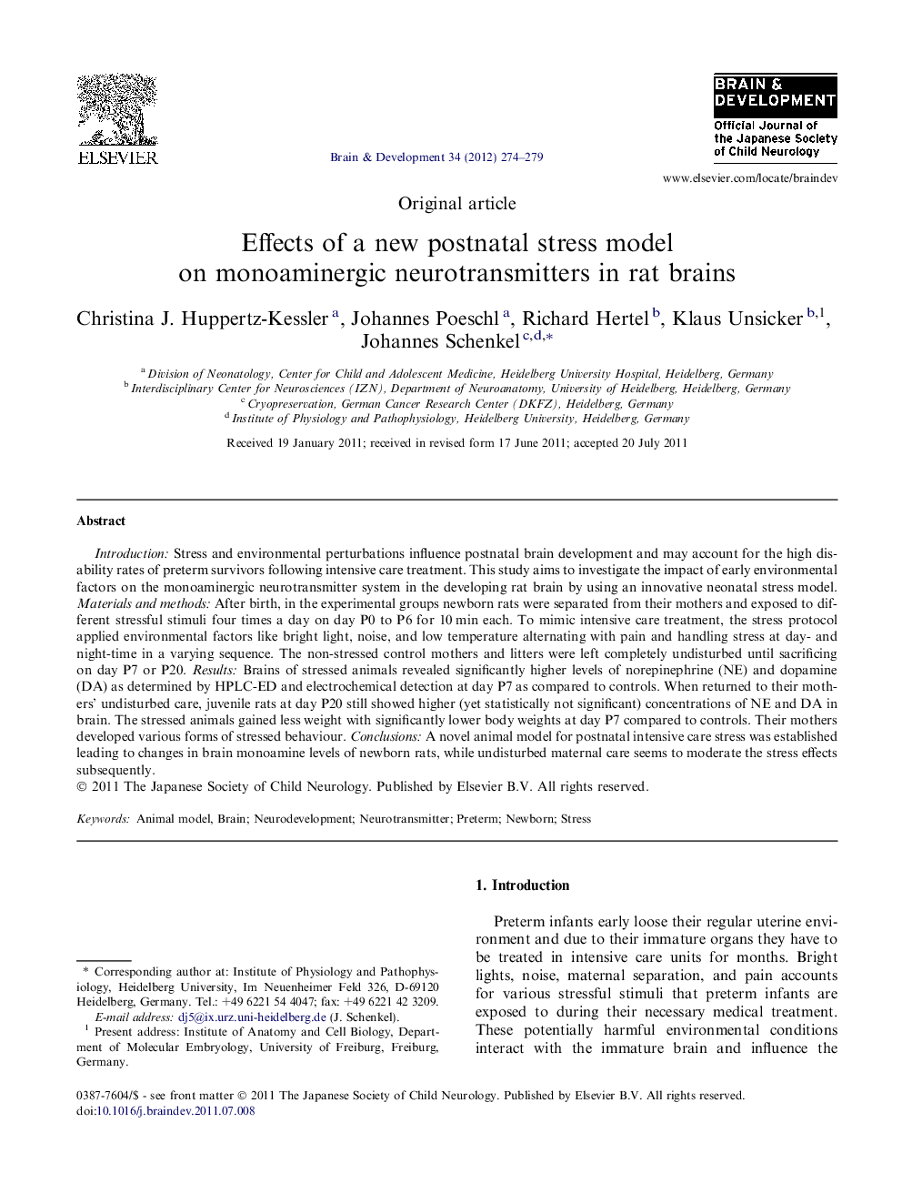عکس صفحه اول مقاله: Effects of a new postnatal stress model on monoaminergic neurotransmitters in rat brains Effects of a new postnatal stress model on monoaminergic neurotransmitters in rat brains