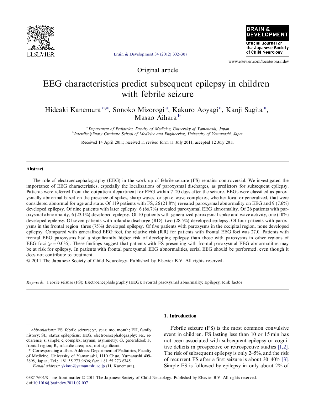 EEG characteristics predict subsequent epilepsy in children with febrile seizure