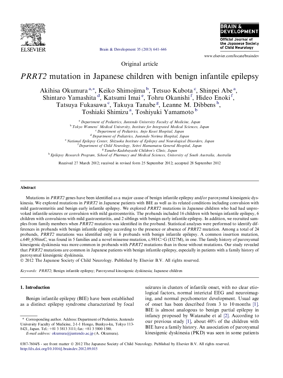 PRRT2 mutation in Japanese children with benign infantile epilepsy