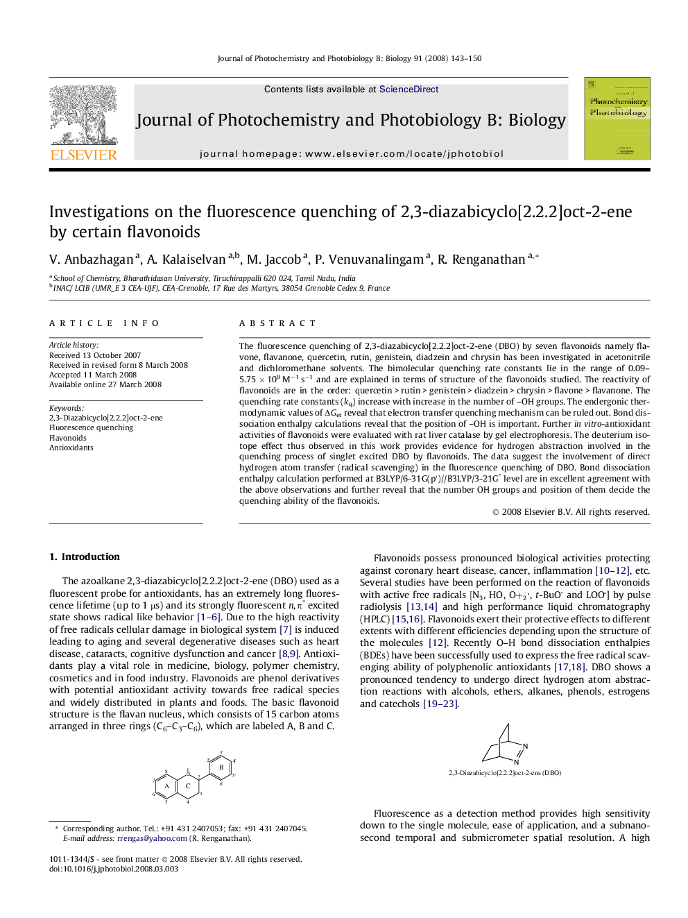 Investigations on the fluorescence quenching of 2,3-diazabicyclo[2.2.2]oct-2-ene by certain flavonoids