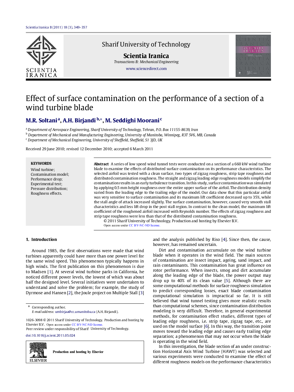 Effect of surface contamination on the performance of a section of a wind turbine blade