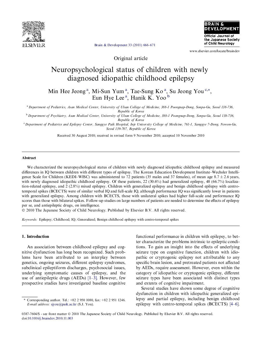 Neuropsychological status of children with newly diagnosed idiopathic childhood epilepsy