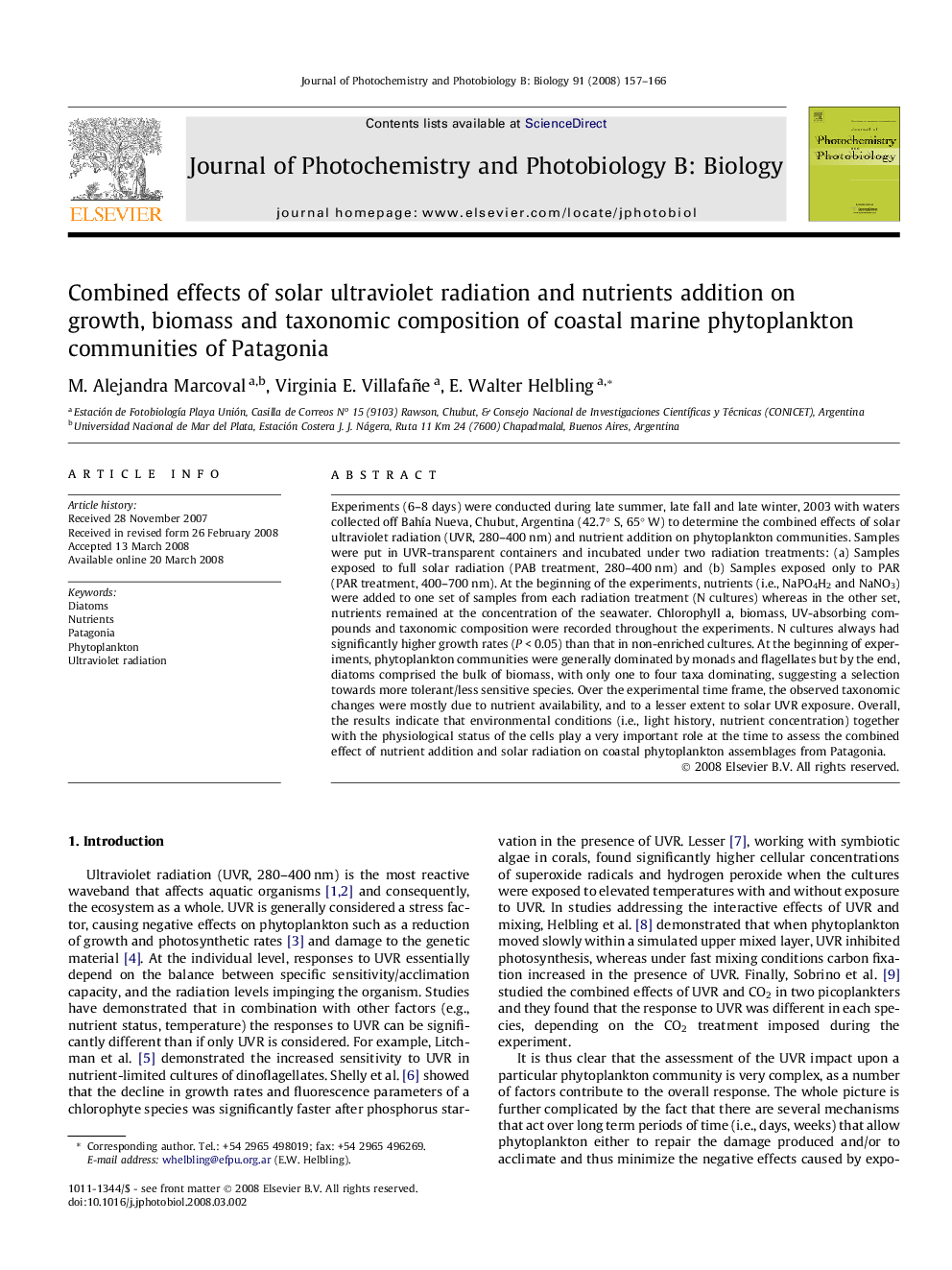 Combined effects of solar ultraviolet radiation and nutrients addition on growth, biomass and taxonomic composition of coastal marine phytoplankton communities of Patagonia