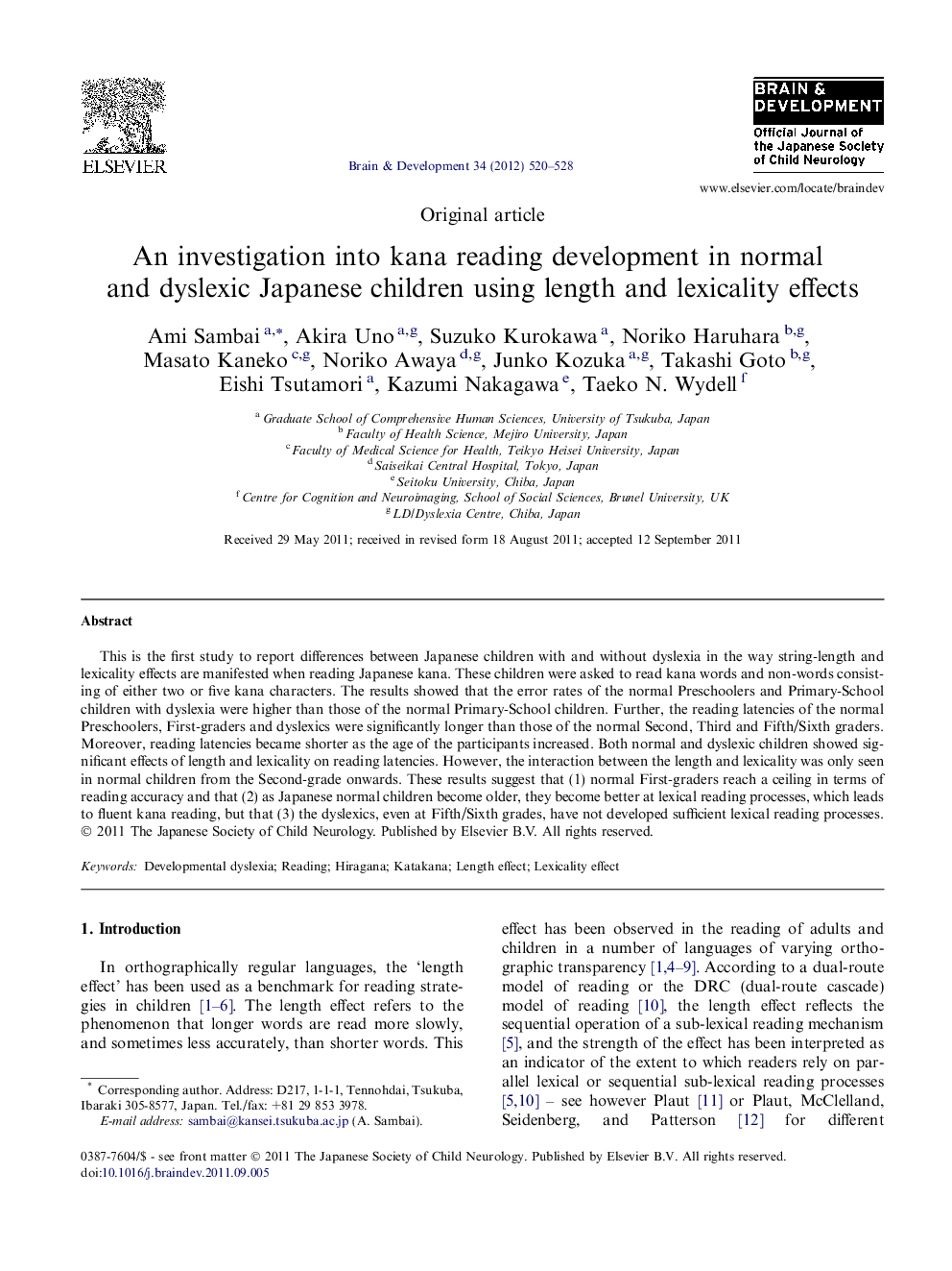 An investigation into kana reading development in normal and dyslexic Japanese children using length and lexicality effects