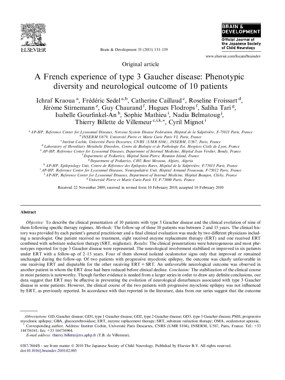 A French experience of type 3 Gaucher disease: Phenotypic diversity and neurological outcome of 10 patients