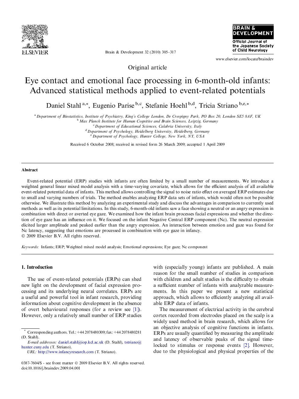 Eye contact and emotional face processing in 6-month-old infants: Advanced statistical methods applied to event-related potentials