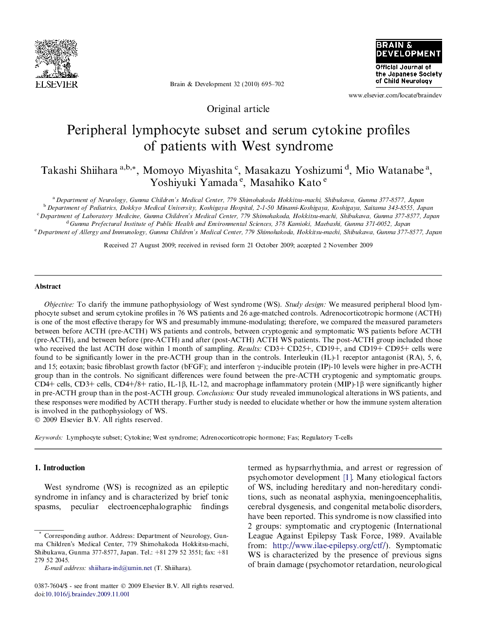 Peripheral lymphocyte subset and serum cytokine profiles of patients with West syndrome