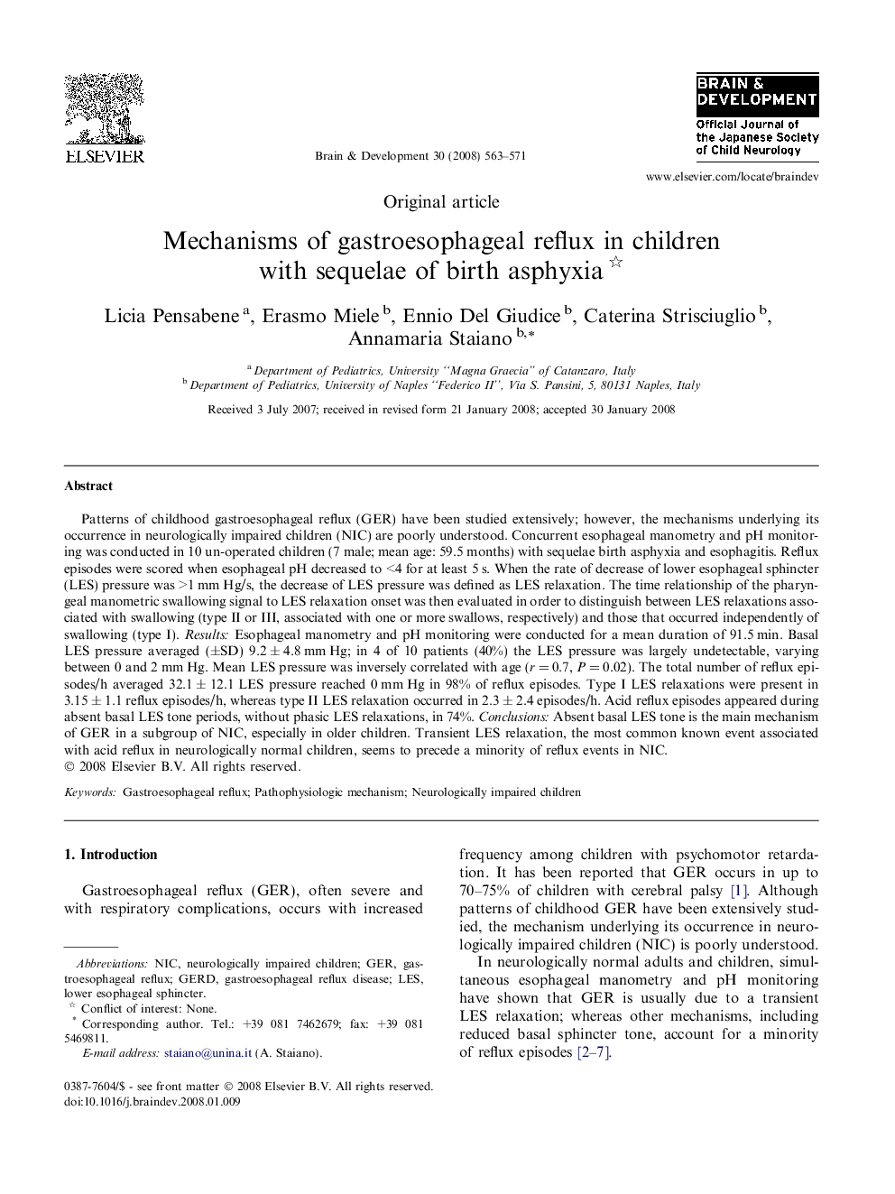 Mechanisms of gastroesophageal reflux in children with sequelae of birth asphyxia 