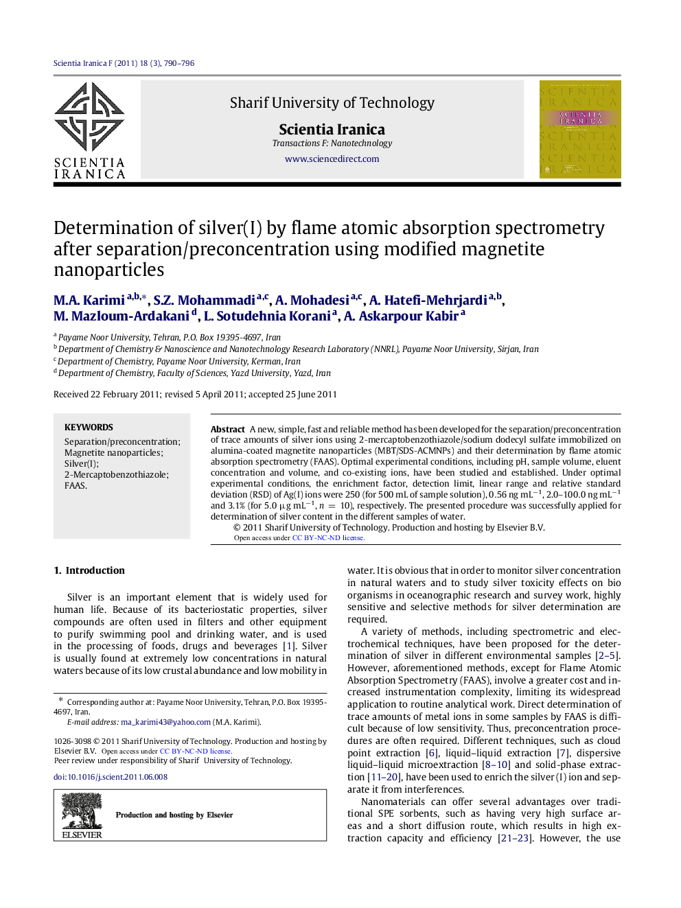 Determination of silver(I) by flame atomic absorption spectrometry after separation/preconcentration using modified magnetite nanoparticles