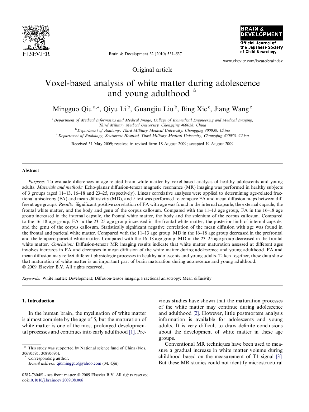 Voxel-based analysis of white matter during adolescence and young adulthood 