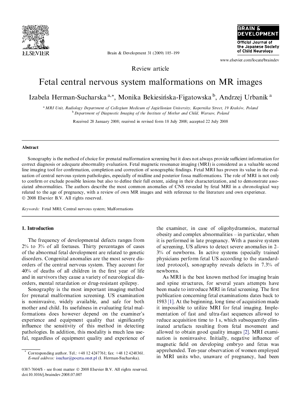 Fetal central nervous system malformations on MR images