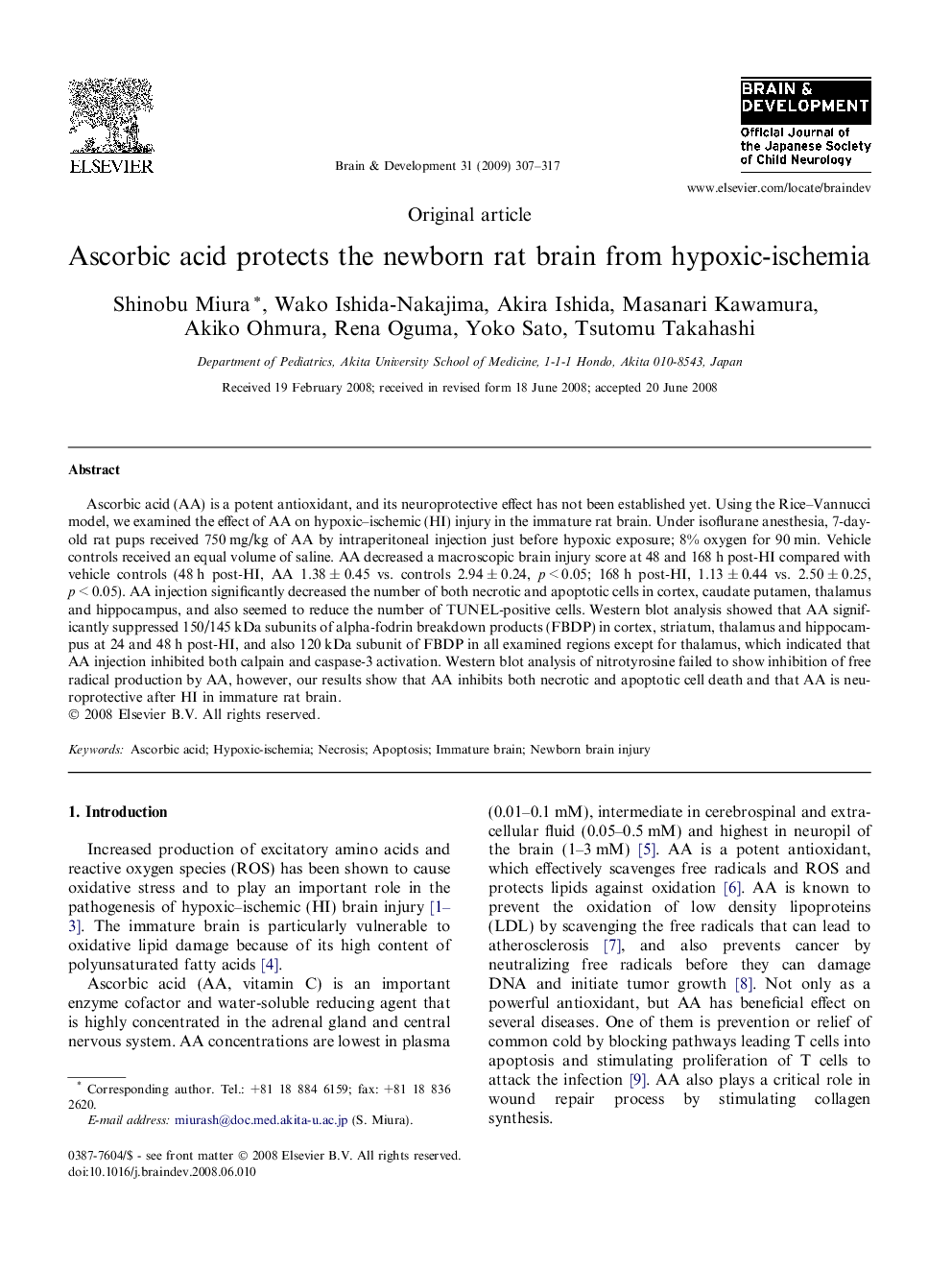 Ascorbic acid protects the newborn rat brain from hypoxic-ischemia