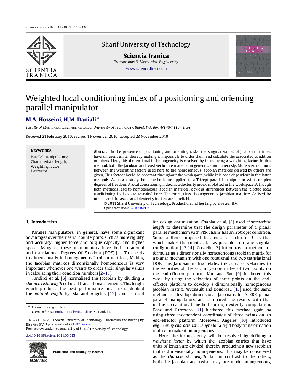 Weighted local conditioning index of a positioning and orienting parallel manipulator