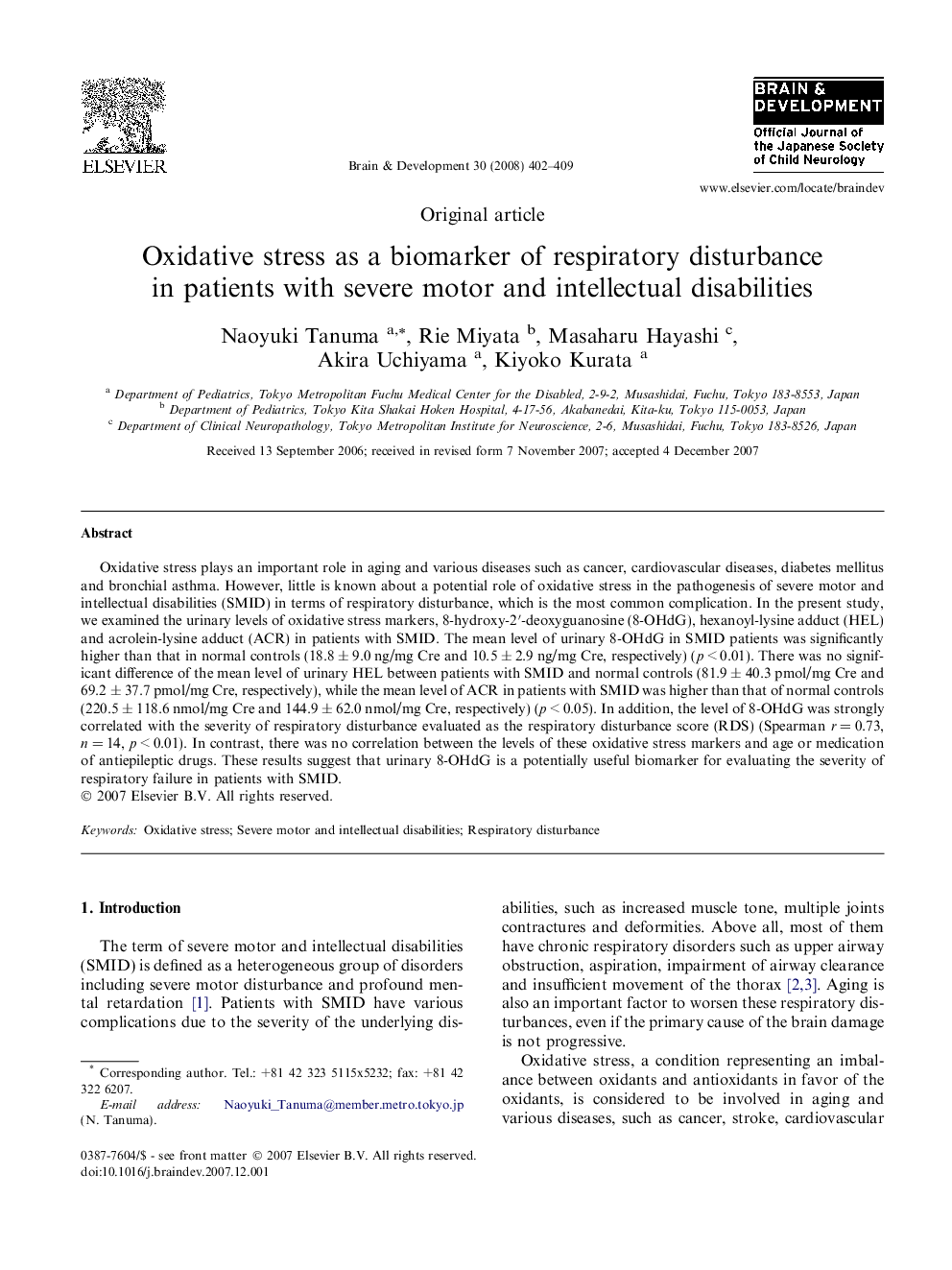 Oxidative stress as a biomarker of respiratory disturbance in patients with severe motor and intellectual disabilities