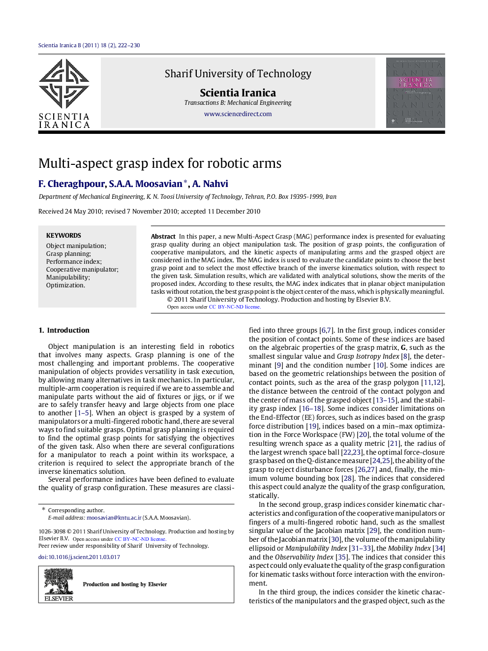 Multi-aspect grasp index for robotic arms