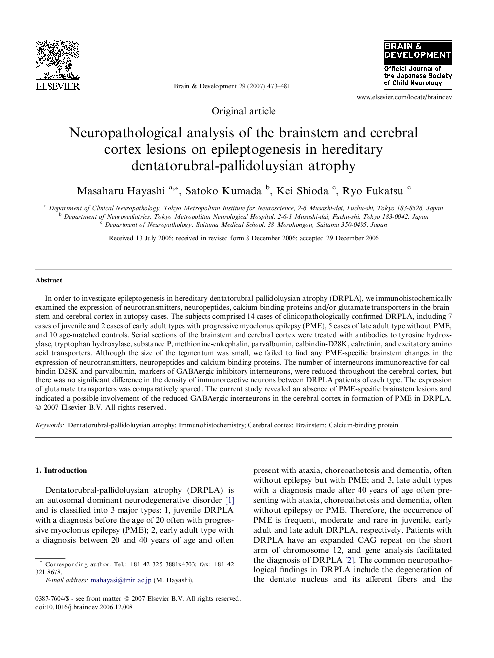 Neuropathological analysis of the brainstem and cerebral cortex lesions on epileptogenesis in hereditary dentatorubral-pallidoluysian atrophy