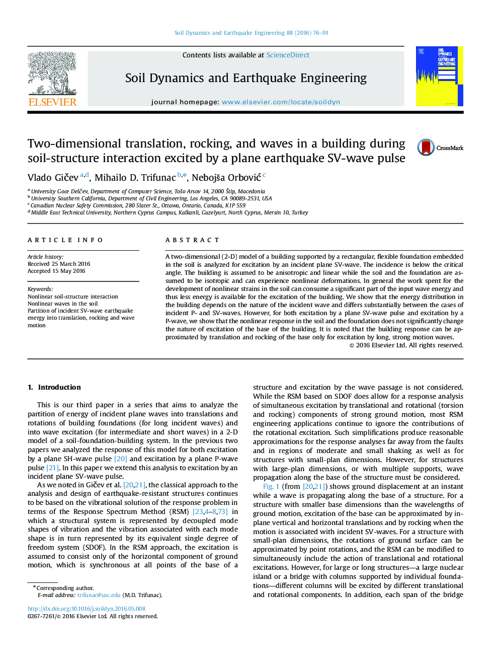 Two-dimensional translation, rocking, and waves in a building during soil-structure interaction excited by a plane earthquake SV-wave pulse