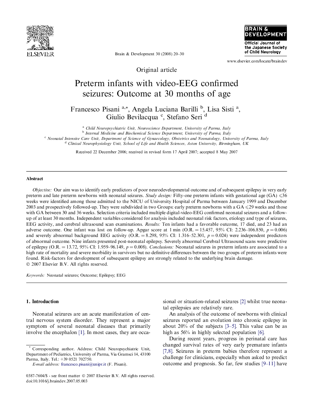 Preterm infants with video-EEG confirmed seizures: Outcome at 30 months of age