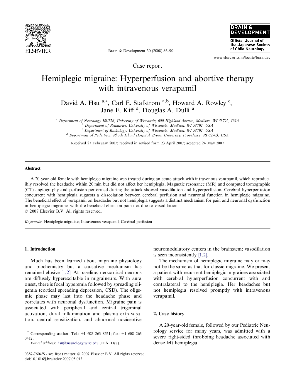 Hemiplegic migraine: Hyperperfusion and abortive therapy with intravenous verapamil