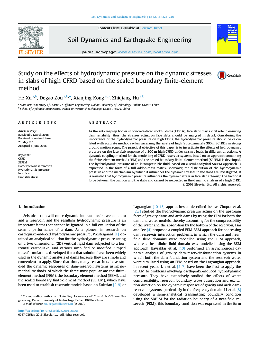 Study on the effects of hydrodynamic pressure on the dynamic stresses in slabs of high CFRD based on the scaled boundary finite-element method