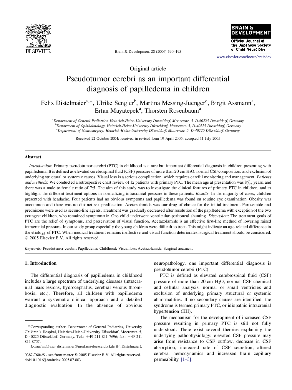 Pseudotumor cerebri as an important differential diagnosis of papilledema in children