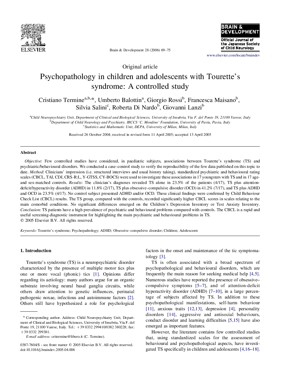 Psychopathology in children and adolescents with Tourette's syndrome: A controlled study