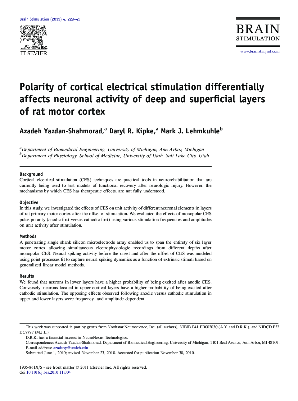 Polarity of cortical electrical stimulation differentially affects neuronal activity of deep and superficial layers of rat motor cortex 