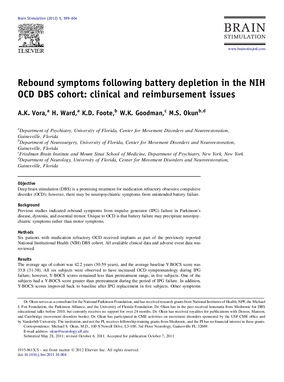 Rebound symptoms following battery depletion in the NIH OCD DBS cohort: Clinical and reimbursement issues 