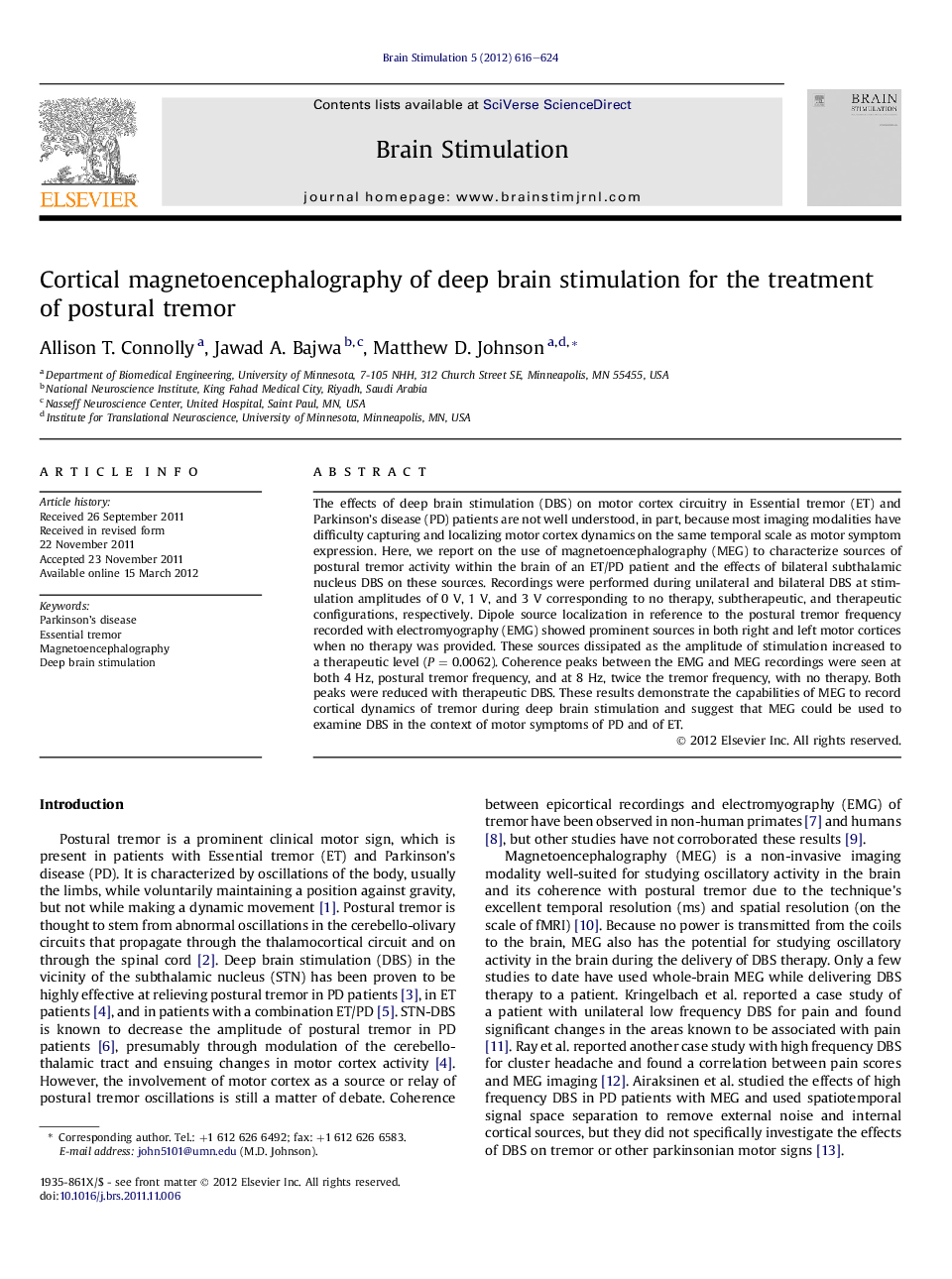 Cortical magnetoencephalography of deep brain stimulation for the treatment of postural tremor