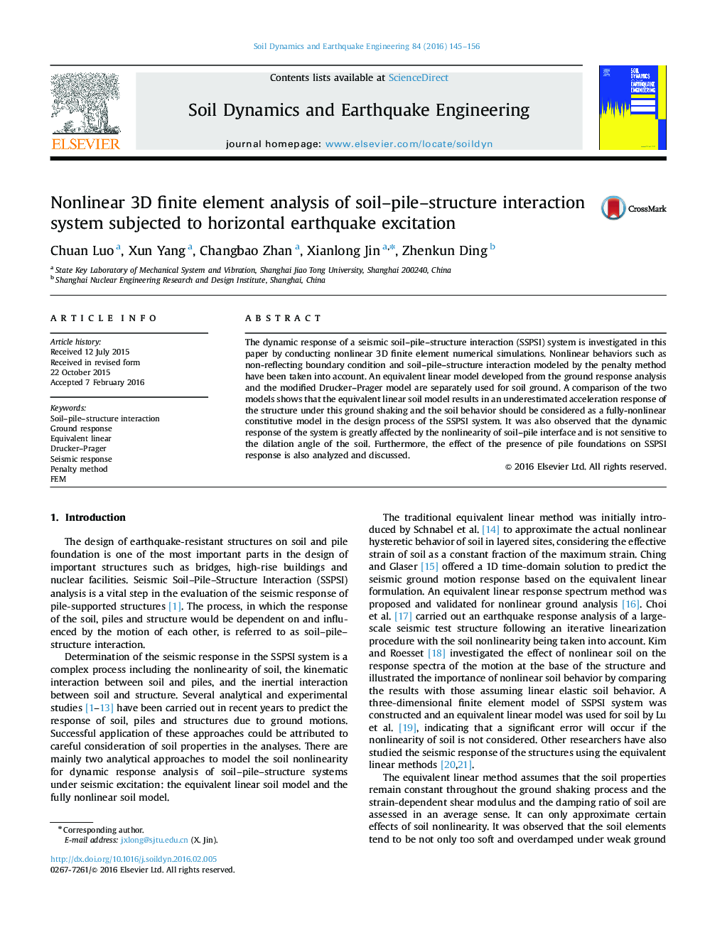 Nonlinear 3D finite element analysis of soil–pile–structure interaction system subjected to horizontal earthquake excitation