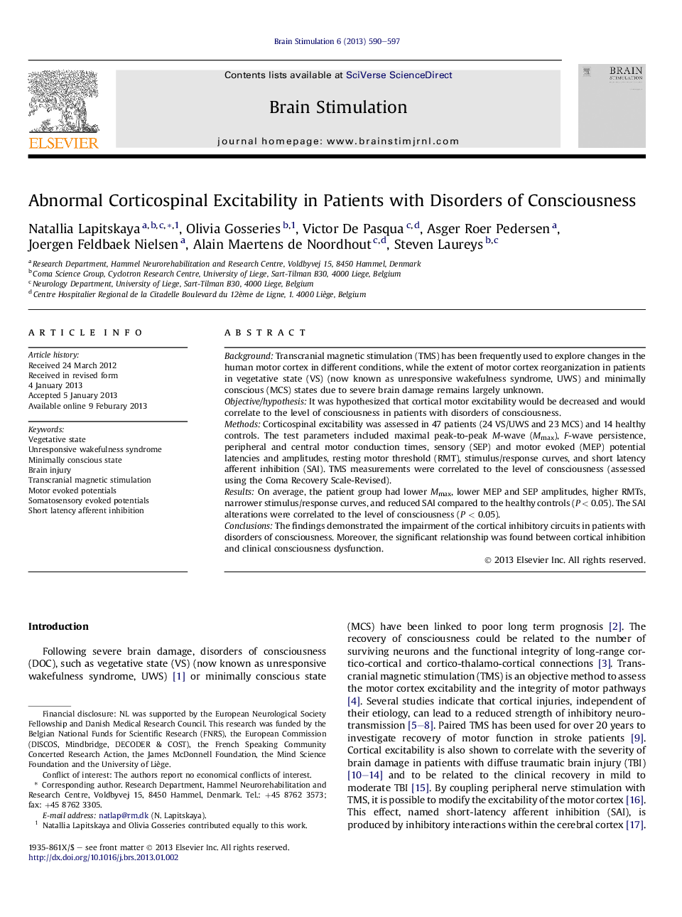 Abnormal Corticospinal Excitability in Patients with Disorders of Consciousness 