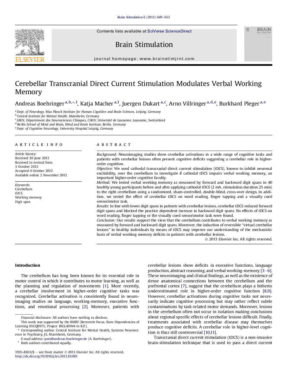 Cerebellar Transcranial Direct Current Stimulation Modulates Verbal Working Memory 