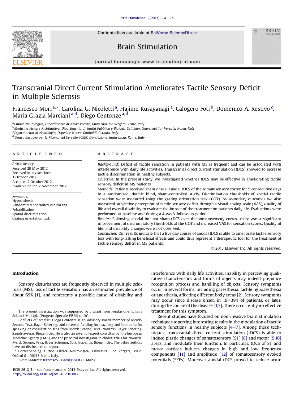 Transcranial Direct Current Stimulation Ameliorates Tactile Sensory Deficit in Multiple Sclerosis 