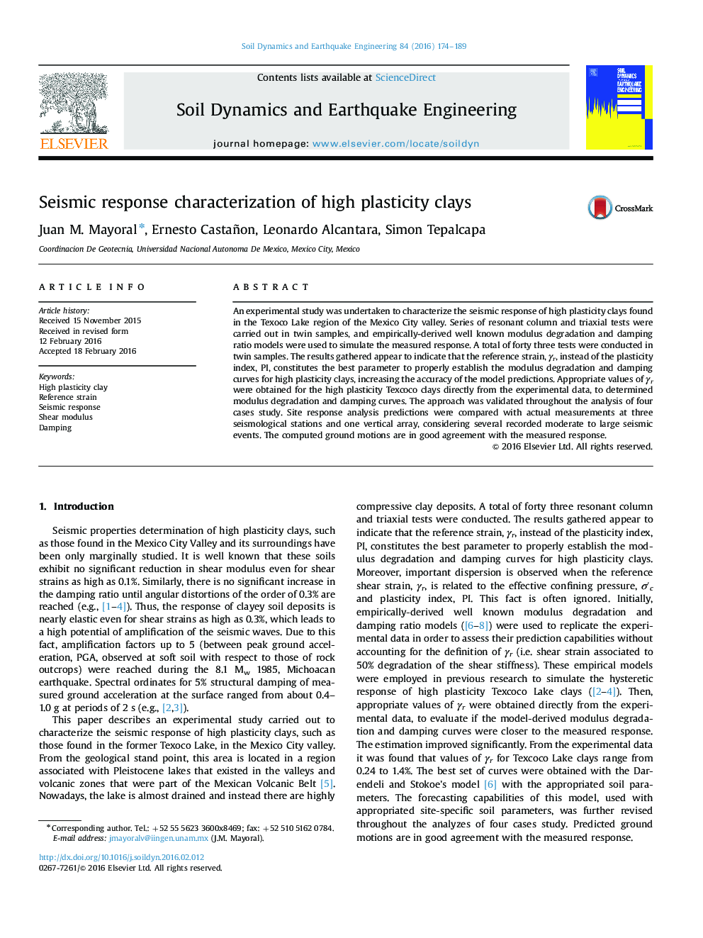 Seismic response characterization of high plasticity clays