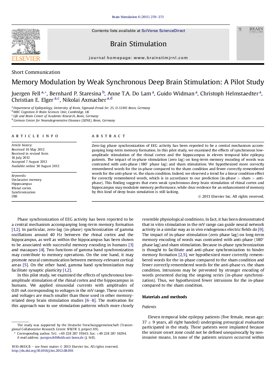 Memory Modulation by Weak Synchronous Deep Brain Stimulation: A Pilot Study 