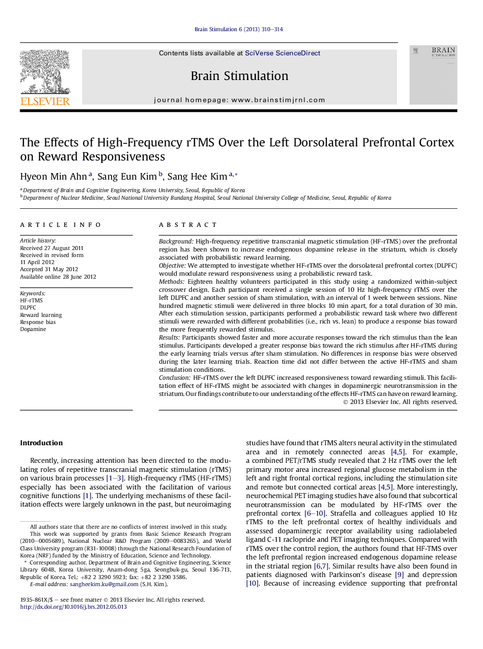 The Effects of High-Frequency rTMS Over the Left Dorsolateral Prefrontal Cortex on Reward Responsiveness 