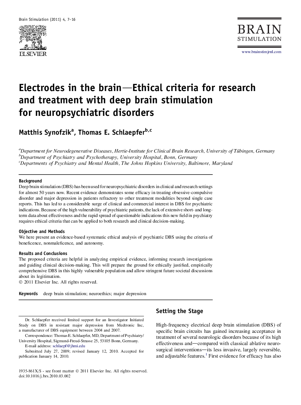 Electrodes in the brain—Ethical criteria for research and treatment with deep brain stimulation for neuropsychiatric disorders 
