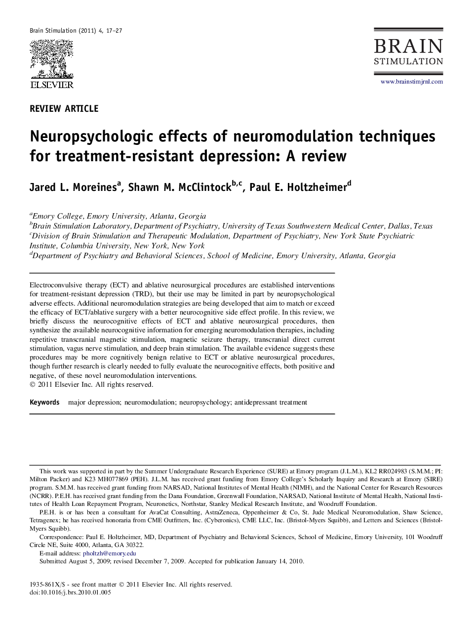 Neuropsychologic effects of neuromodulation techniques for treatment-resistant depression: A review 