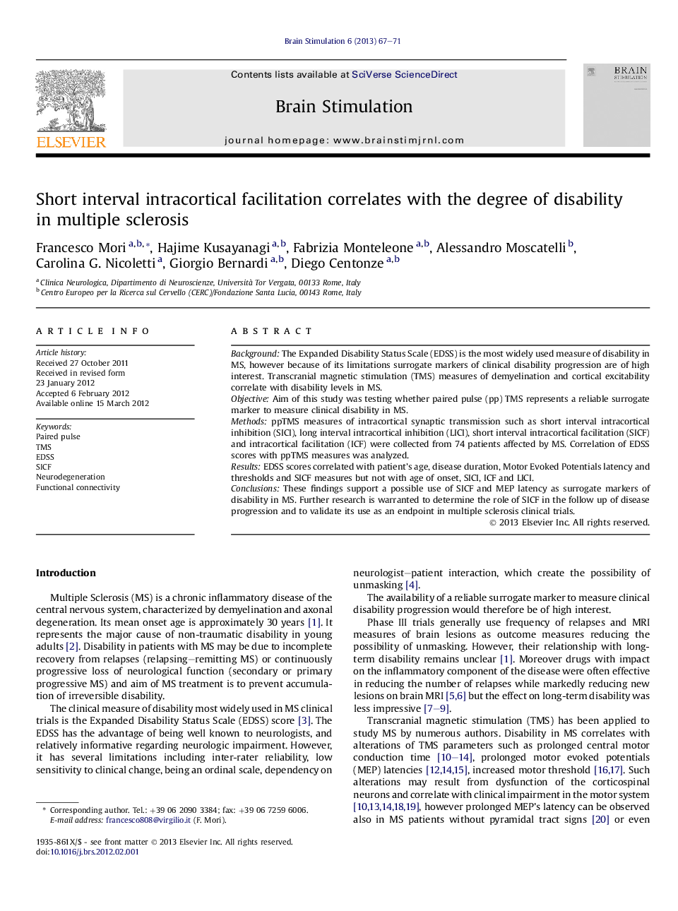 Short interval intracortical facilitation correlates with the degree of disability in multiple sclerosis