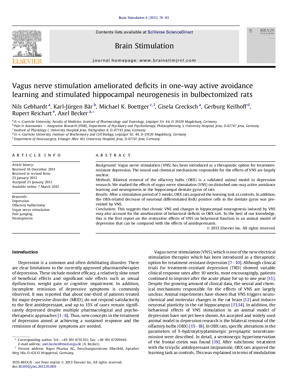 Vagus nerve stimulation ameliorated deficits in one-way active avoidance learning and stimulated hippocampal neurogenesis in bulbectomized rats