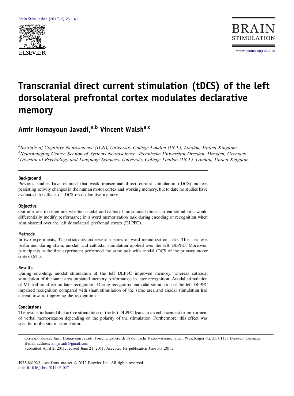 Transcranial direct current stimulation (tDCS) of the left dorsolateral prefrontal cortex modulates declarative memory